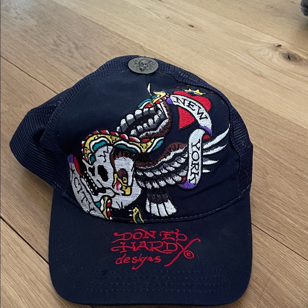 Ed Hardy Navy Hat with Skull and Wings NYC